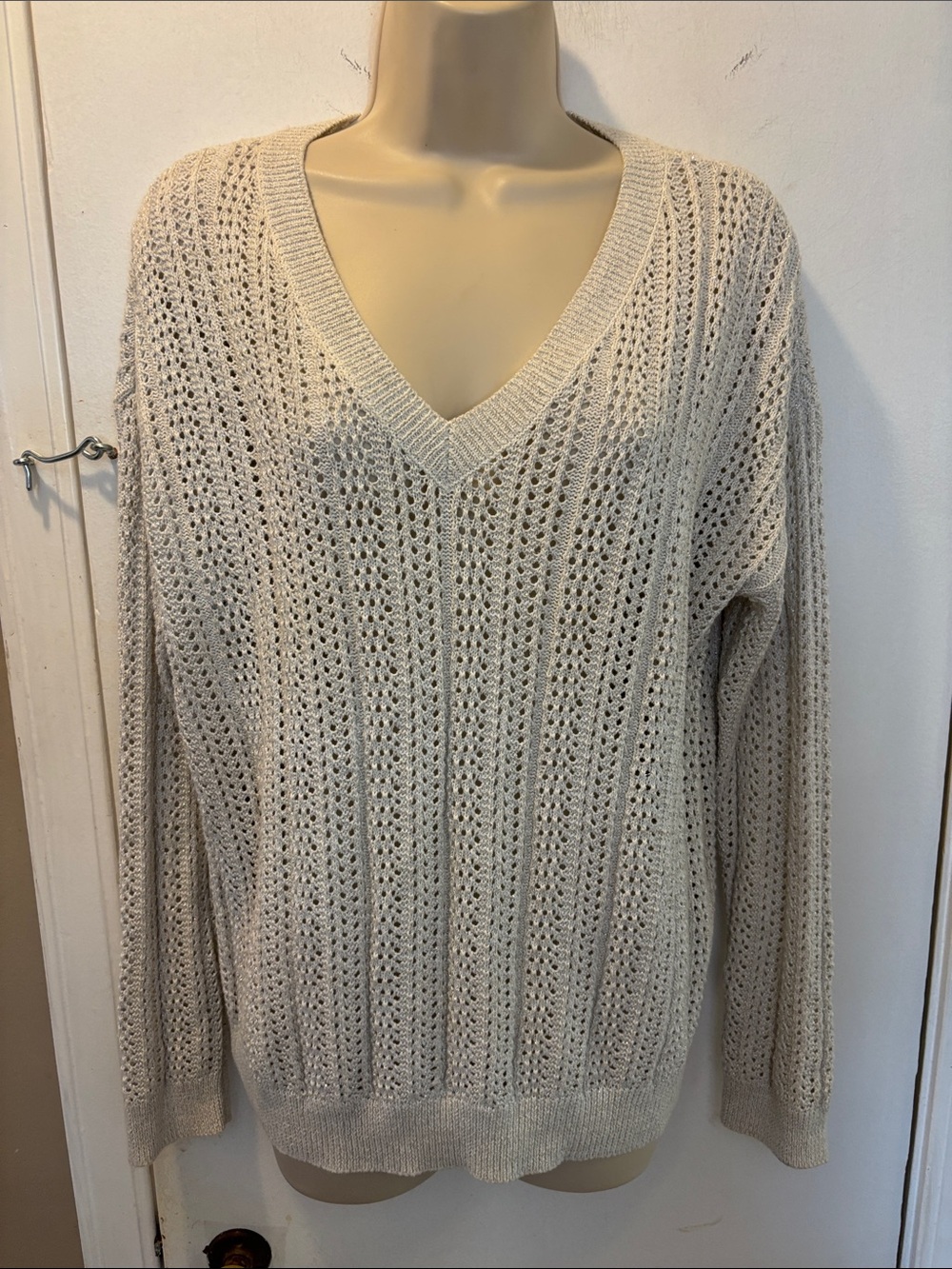 DKNY Jeans medium V-Neck Open Knit Sweater metallic 26-215